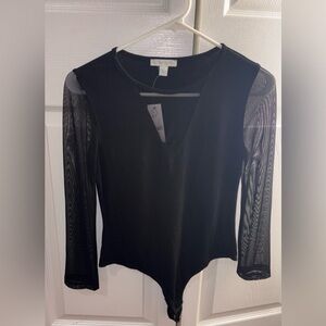 New York & Company Black Bodysuit with Sheer Sleeves